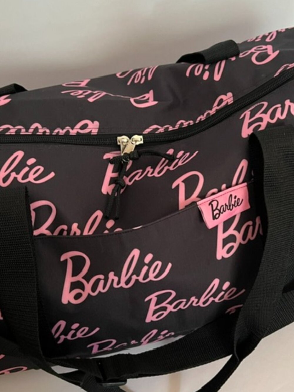 Barbie Large Weekender Travel Duffle Bag Black with All-over Pink Logos NWOT - Picture 6 of 7
